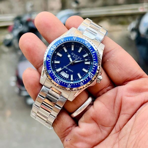 GUCCI DIVE YA136203 BEST HIGH PREMIUM QUALITY PURE JAPAN MACHINE FULL STEEL METAL BELT BLUE DIAL